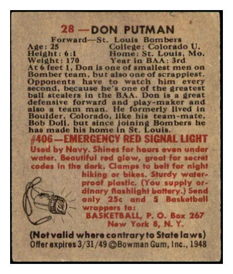 1948 Bowman Basketball #028 Don Putman Bombers EX 507281