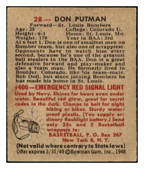 1948 Bowman Basketball #028 Don Putman Bombers EX /EX-MT 507277