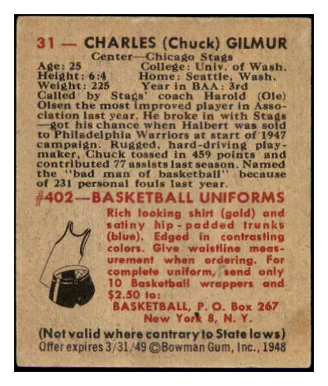 1948 Bowman Basketball #031 Chuck Gilmur Stags EX /EX-MT 507276