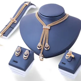 4Pcs/set Gold Crystal Necklace Bracelet Ring Earrings Fashion Jewelry Women
