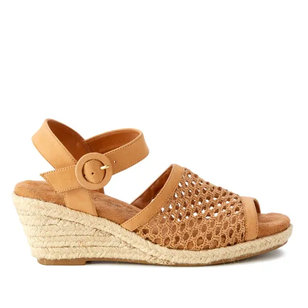 Avery Wedge Sandal: Camel Nubuck and Camel Crochet Fabric I Walking Cradle