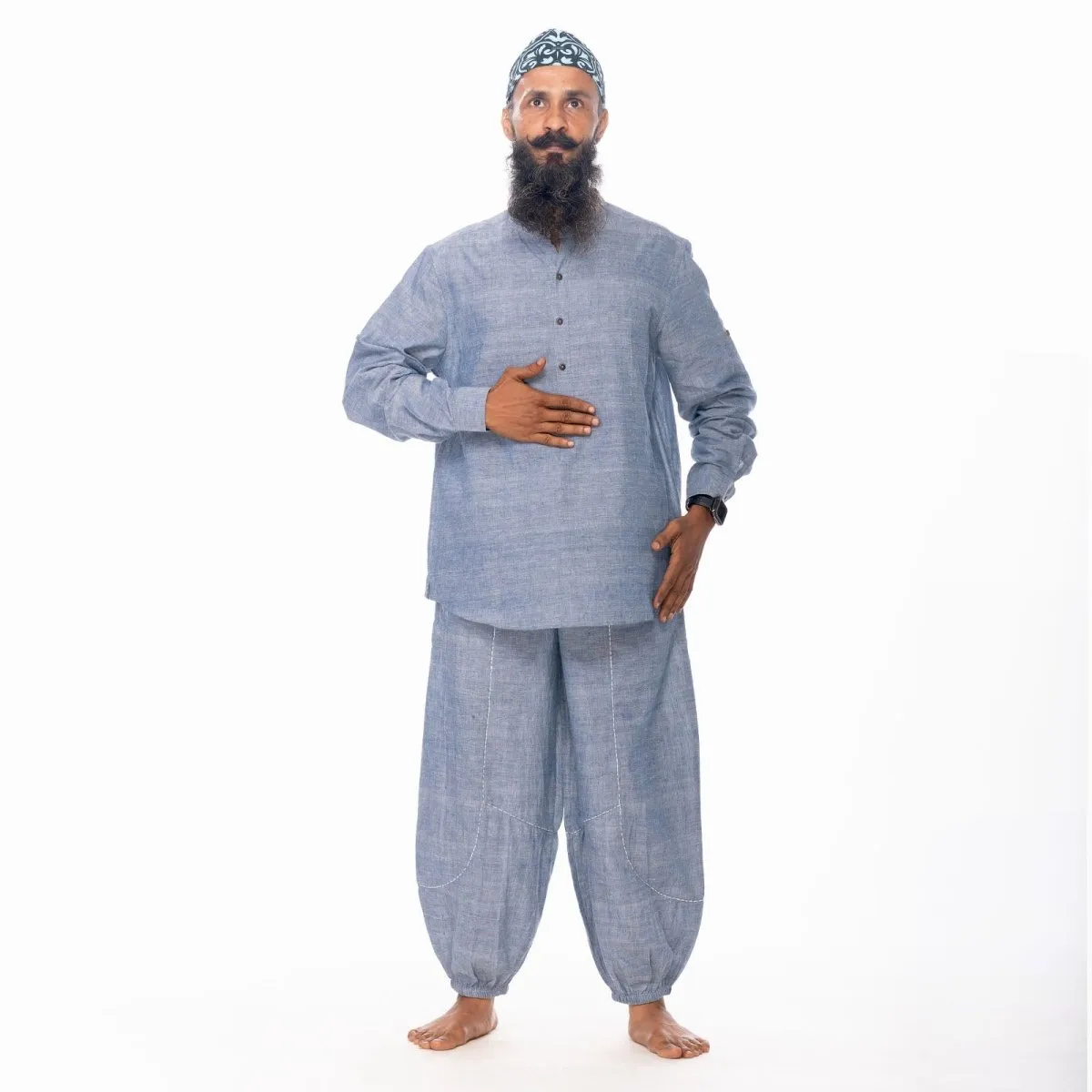 Azure-Blue Handwoven Cotton Mandarin Collar Top| Azure Blue Top | Cotton Top for Men