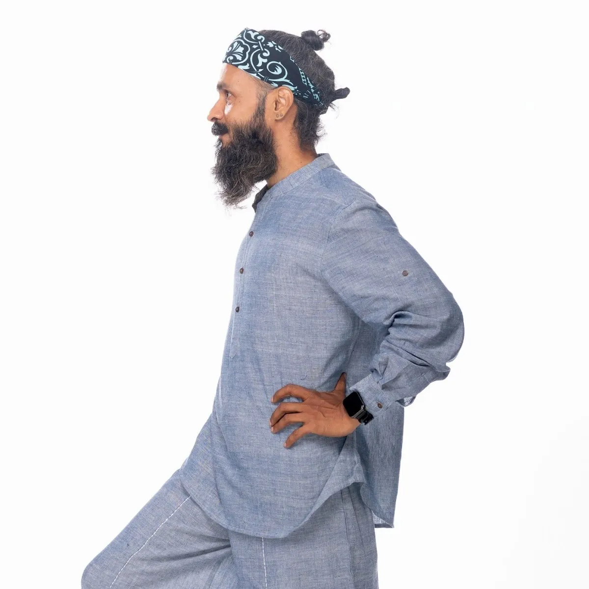 Azure-Blue Handwoven Cotton Mandarin Collar Top| Azure Blue Top | Cotton Top for Men
