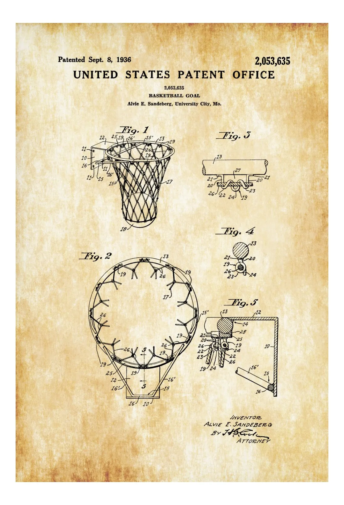 Basketball Hoop Patent - Patent Print, Wall Decor, Basketball Art, Basketball Poster, Basketball Patent