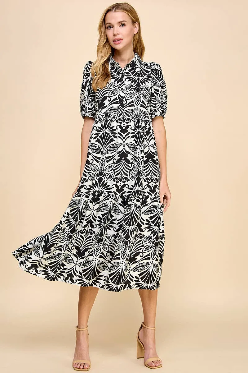 BLACK AND WHITE COLLARED MIDI DRESS