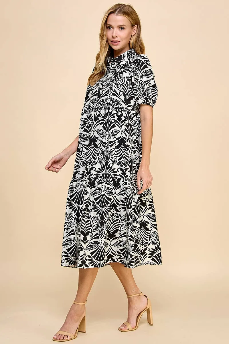 BLACK AND WHITE COLLARED MIDI DRESS