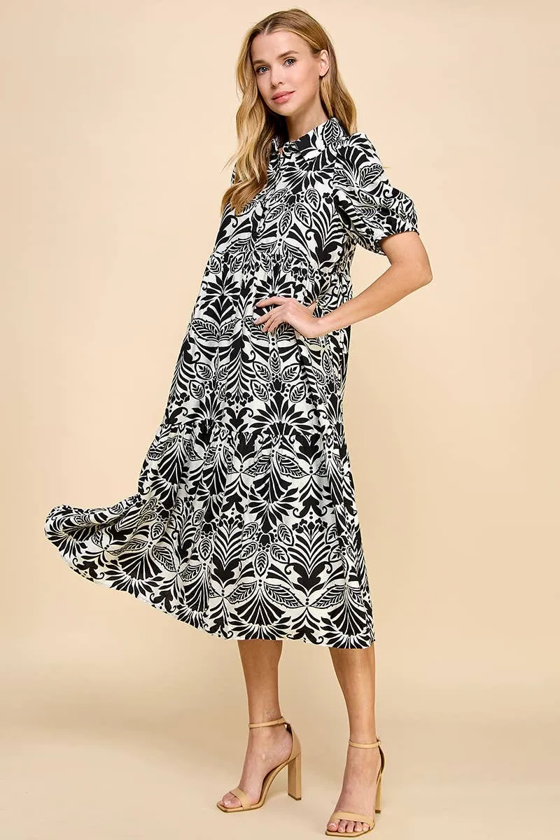 BLACK AND WHITE COLLARED MIDI DRESS
