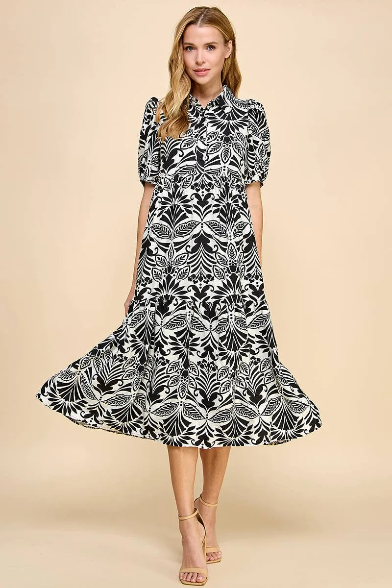 BLACK AND WHITE COLLARED MIDI DRESS