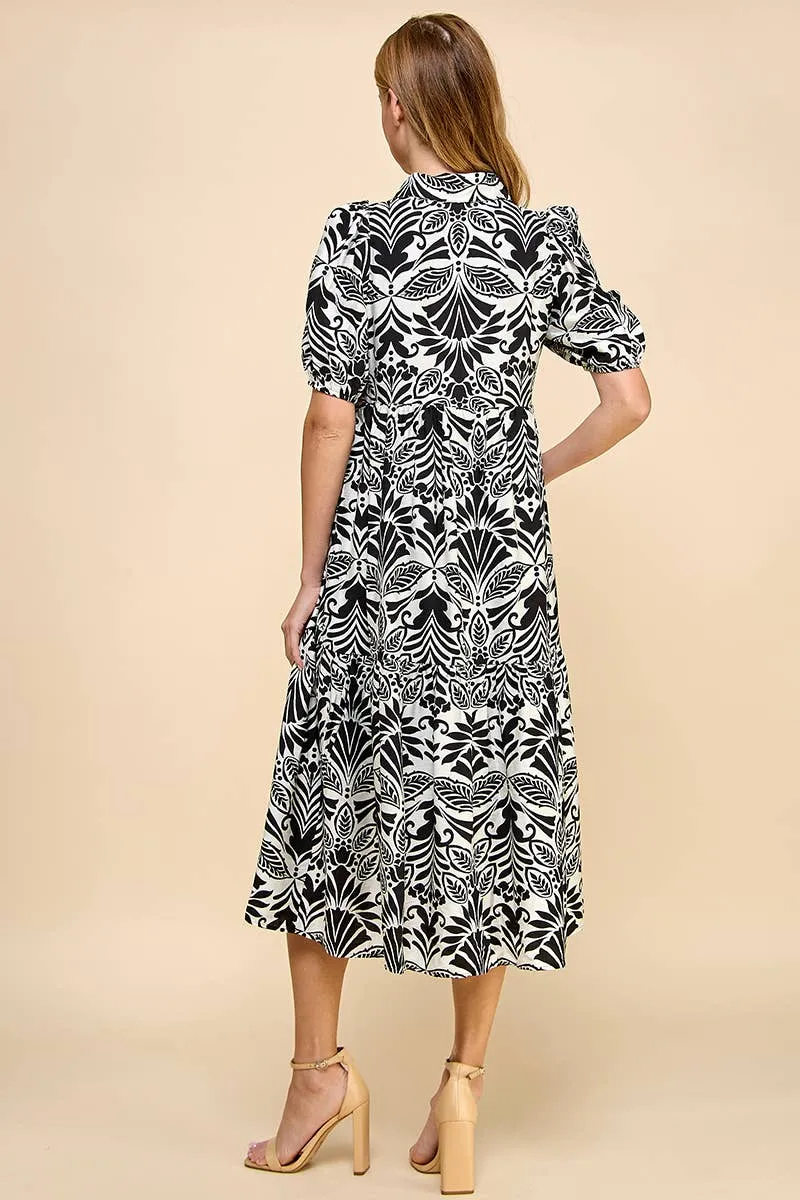 BLACK AND WHITE COLLARED MIDI DRESS