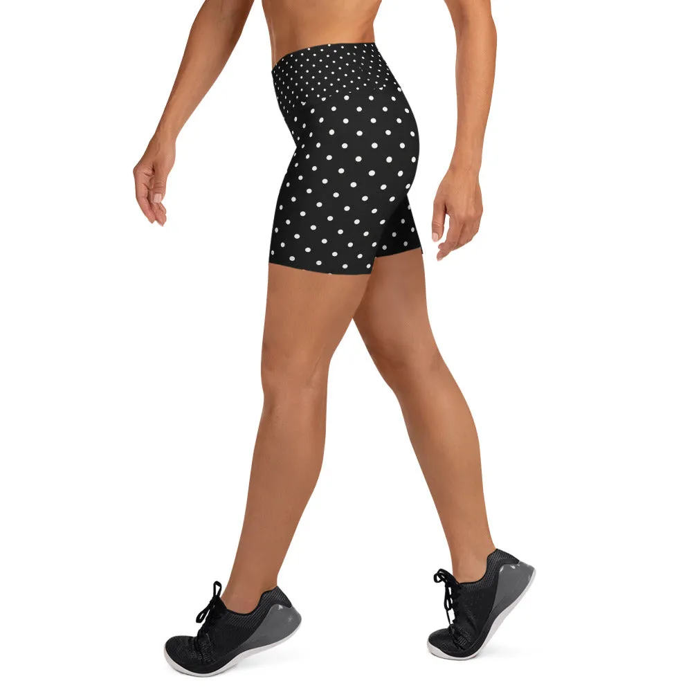 Black Polka Dots Yoga Shorts, Black and White Polka Dots Print Women's Workout Gym Fitness Tight Shorts-Made in USA/EU