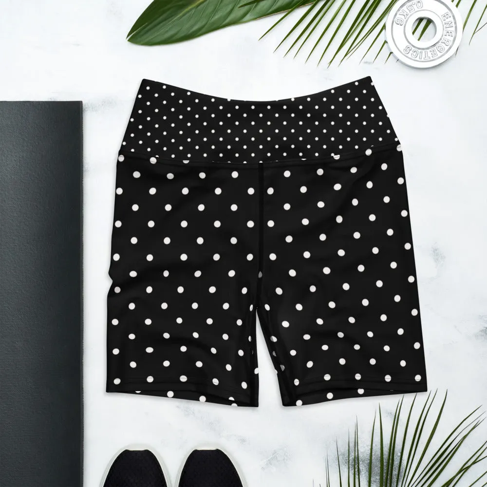 Black Polka Dots Yoga Shorts, Black and White Polka Dots Print Women's Workout Gym Fitness Tight Shorts-Made in USA/EU