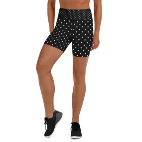 Black Polka Dots Yoga Shorts, Black and White Polka Dots Print Women's Workout Gym Fitness Tight Shorts-Made in USA/EU