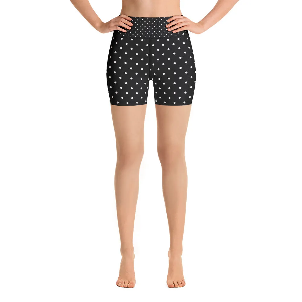 Black Polka Dots Yoga Shorts, Black and White Polka Dots Print Women's Workout Gym Fitness Tight Shorts-Made in USA/EU