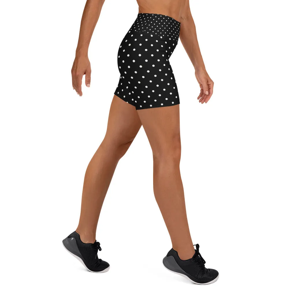 Black Polka Dots Yoga Shorts, Black and White Polka Dots Print Women's Workout Gym Fitness Tight Shorts-Made in USA/EU
