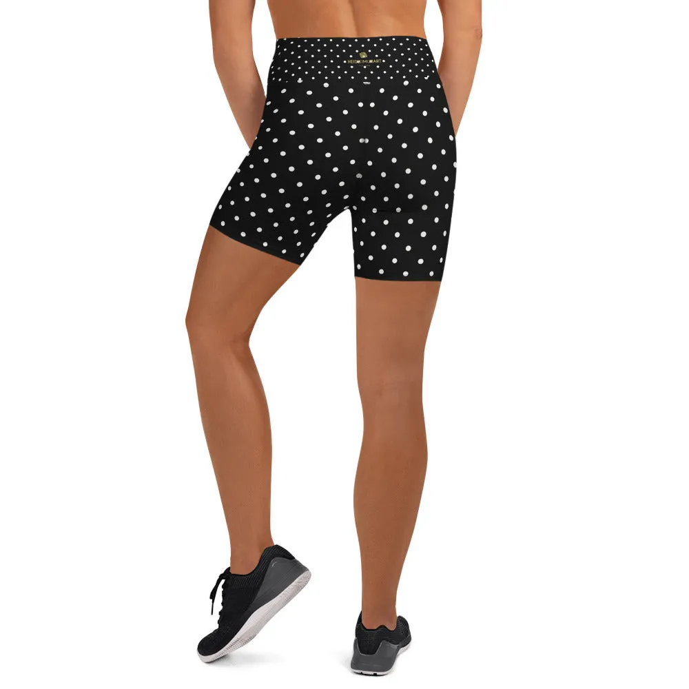 Black Polka Dots Yoga Shorts, Black and White Polka Dots Print Women's Workout Gym Fitness Tight Shorts-Made in USA/EU