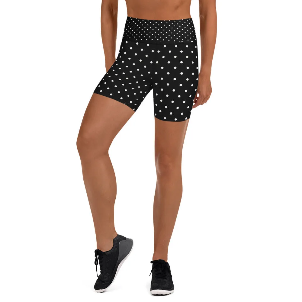 Black Polka Dots Yoga Shorts, Black and White Polka Dots Print Women's Workout Gym Fitness Tight Shorts-Made in USA/EU