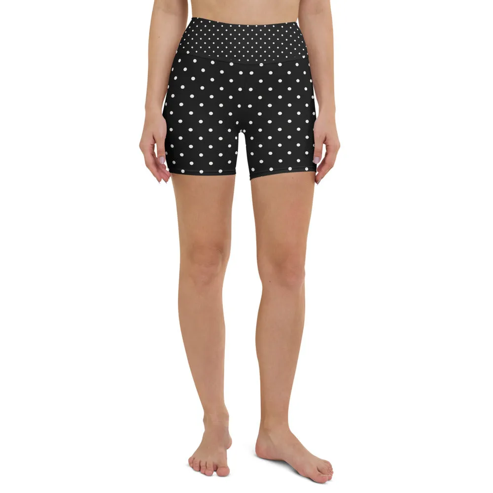 Black Polka Dots Yoga Shorts, Black and White Polka Dots Print Women's Workout Gym Fitness Tight Shorts-Made in USA/EU
