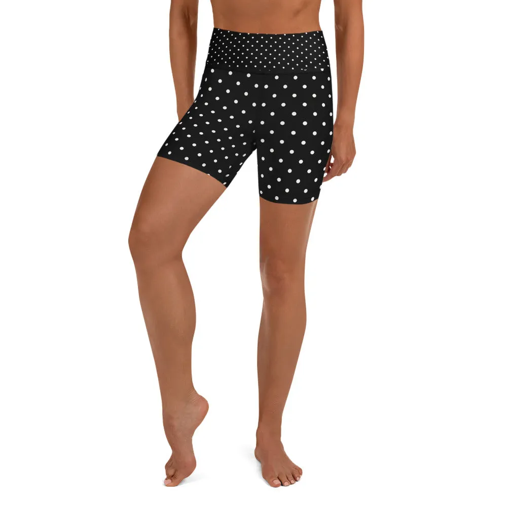 Black Polka Dots Yoga Shorts, Black and White Polka Dots Print Women's Workout Gym Fitness Tight Shorts-Made in USA/EU