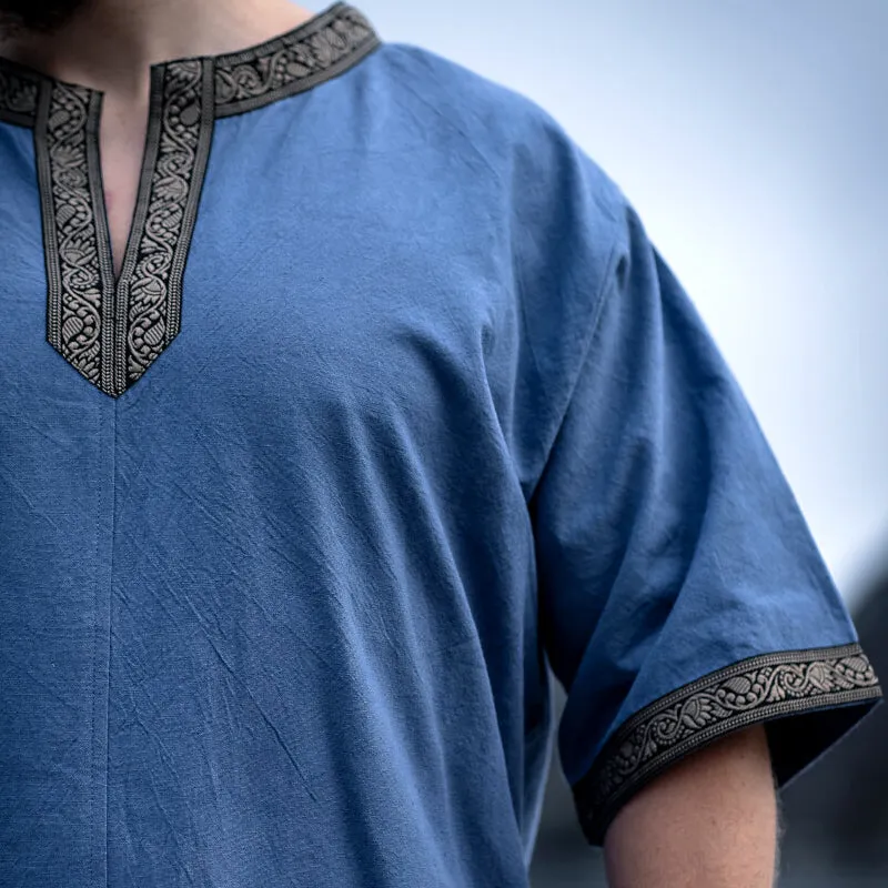 Blue Short Sleeve Tunic w/ Trim - Cotton