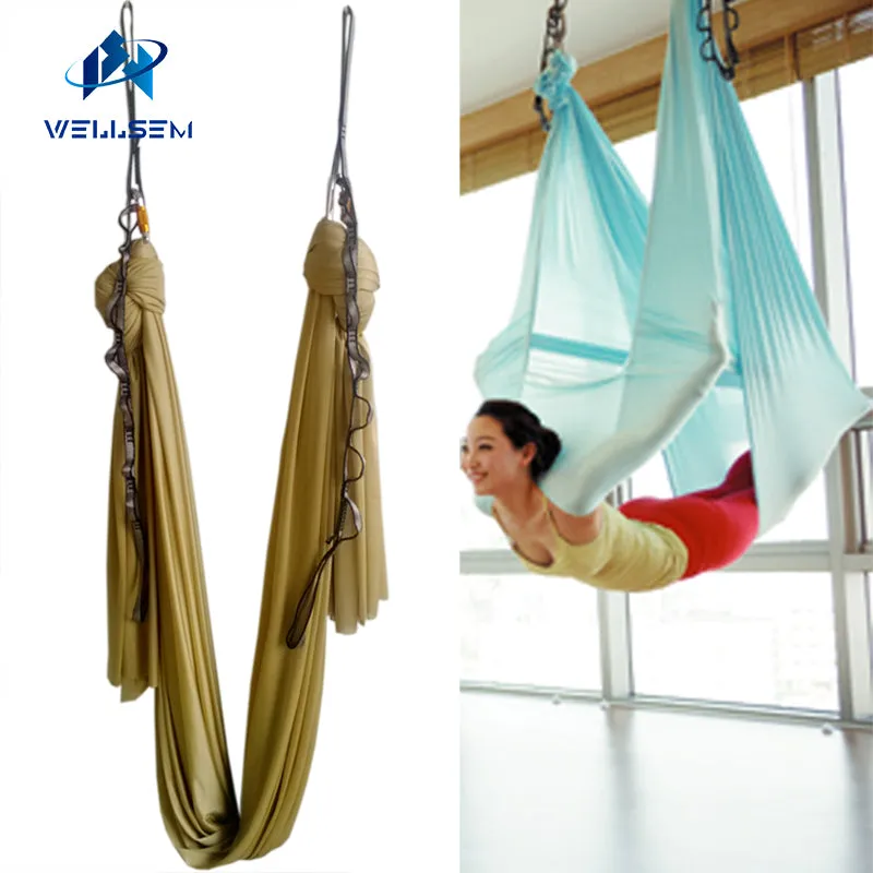 Gold 5m full sets Aerial Yoga Hammock Swing Trapeze AntiGravity Inversion equipment  daisy chain autolock carbiner  ring mount