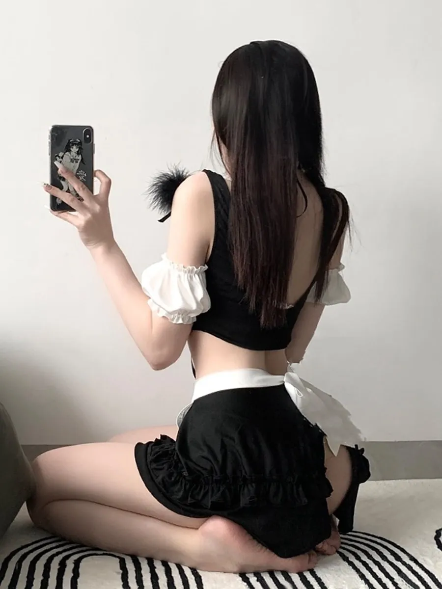 Kawaii Sweet Girl Style Black And White Maid Underwear Set