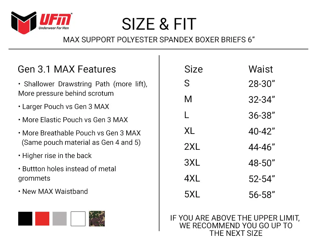MAX Support 6 inch Boxer Briefs Polyester Gen 3.1 Black, Camo, Gray, Red & White