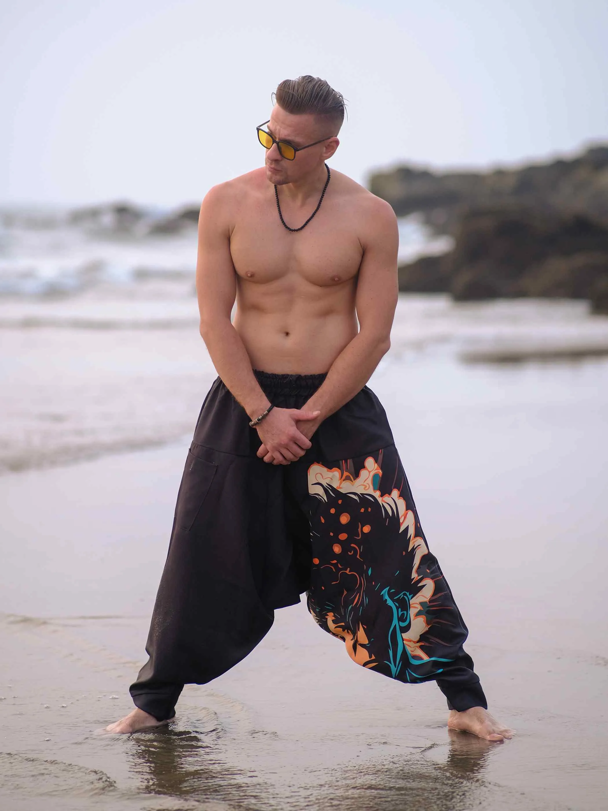 Men's Nomad Elegance Hippy Black Harem Pants Aladdin Balloon Pyjamas For Travel