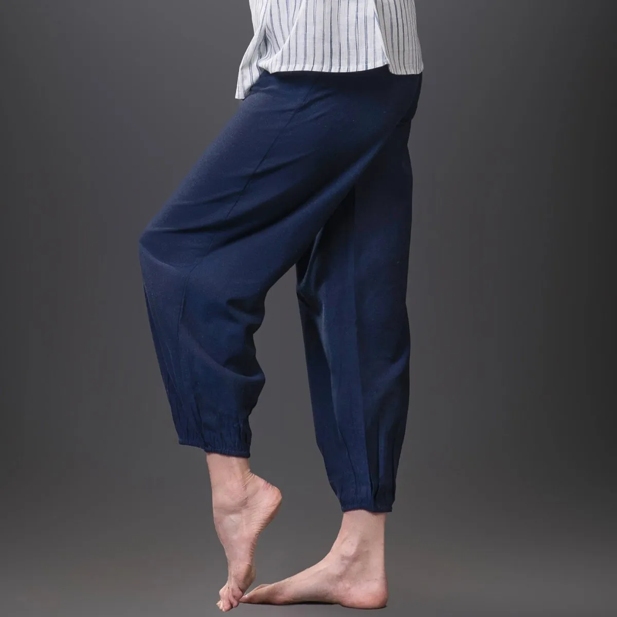 Navy-Stripe Handwoven Cotton Sleeveless Smock Top with Yoga Pant | Athleisure Harem Top with Pant Combo