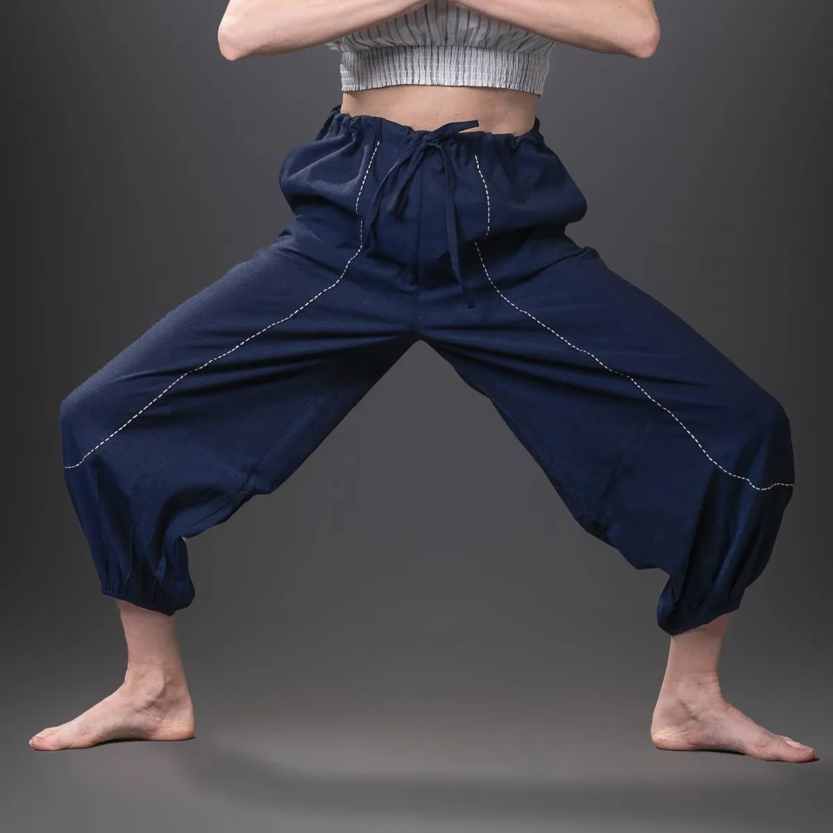 Navy-Stripe Handwoven Cotton Sleeveless Smock Top with Yoga Pant | Athleisure Harem Top with Pant Combo