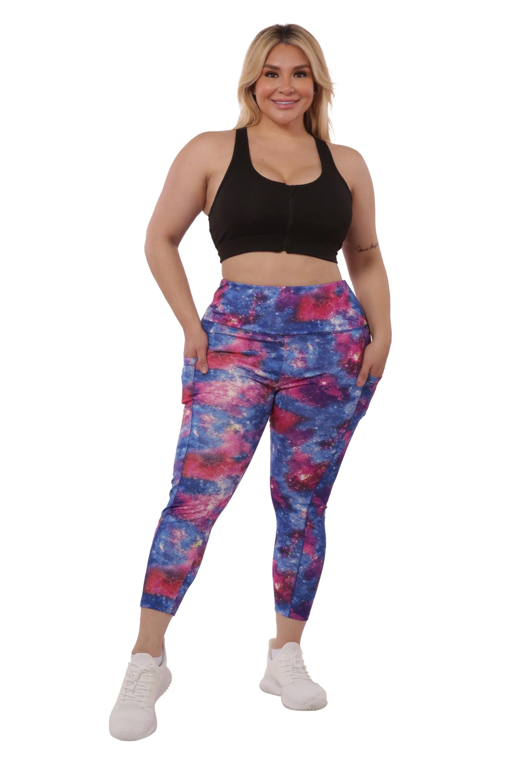 Plus Size High Waist Tummy Control Sports Leggings With Side Pockets - Blue & Pink Galaxy