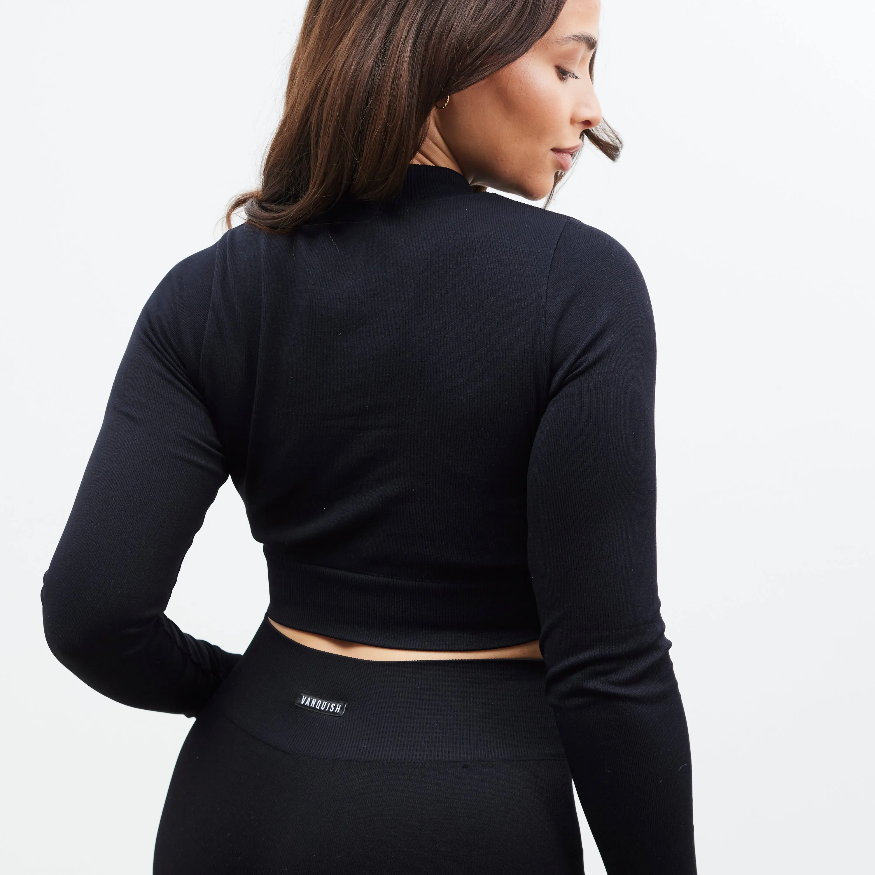 Vanquish Zipped Black Seamless Long Sleeved Crop Top