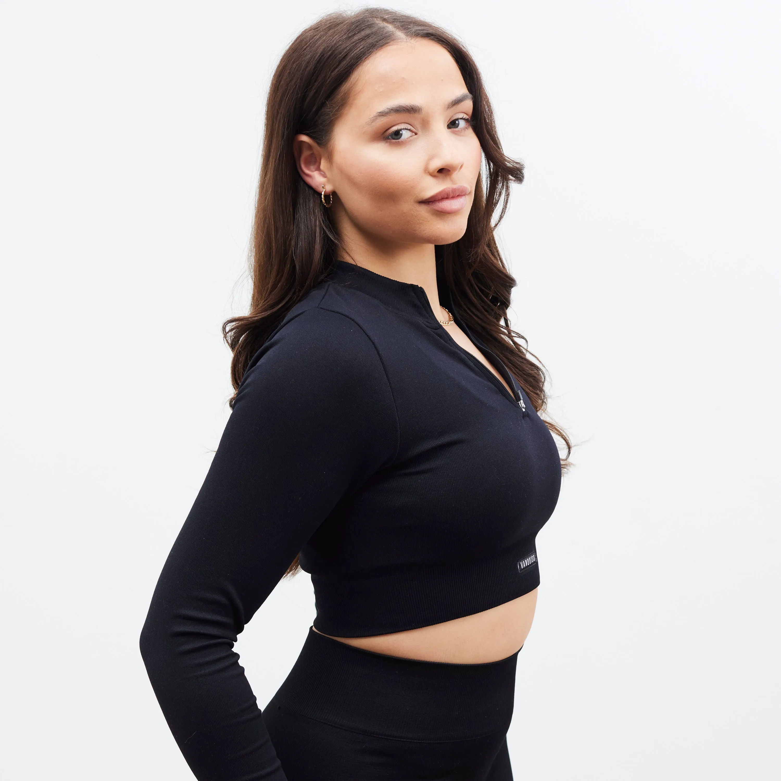 Vanquish Zipped Black Seamless Long Sleeved Crop Top